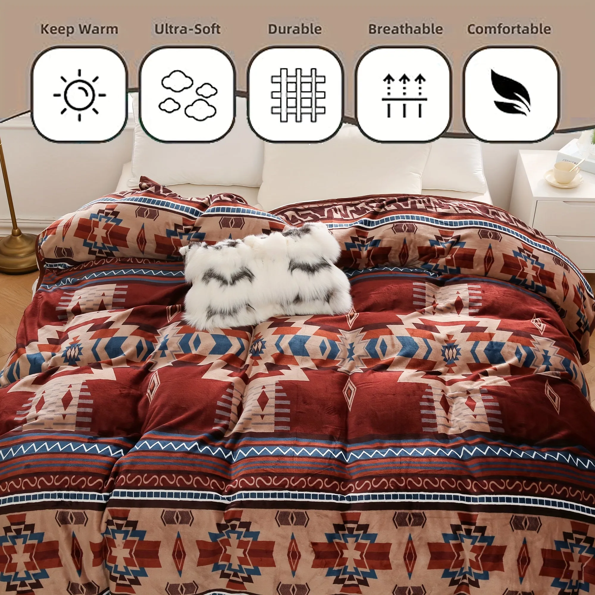 1pc 400gsm  Southwestern Style Flannel Blanket, Soft Warm Throw Blanket Nap Blanket For Couch Sofa Office Bed Camping Travel, Mu