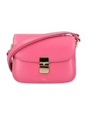 A.P.C. Elegant Fuchsia Rose Leather Mini Handbag with Goldtone Accents - Trapezoidal Crossbody with Foldover Clasp Closure