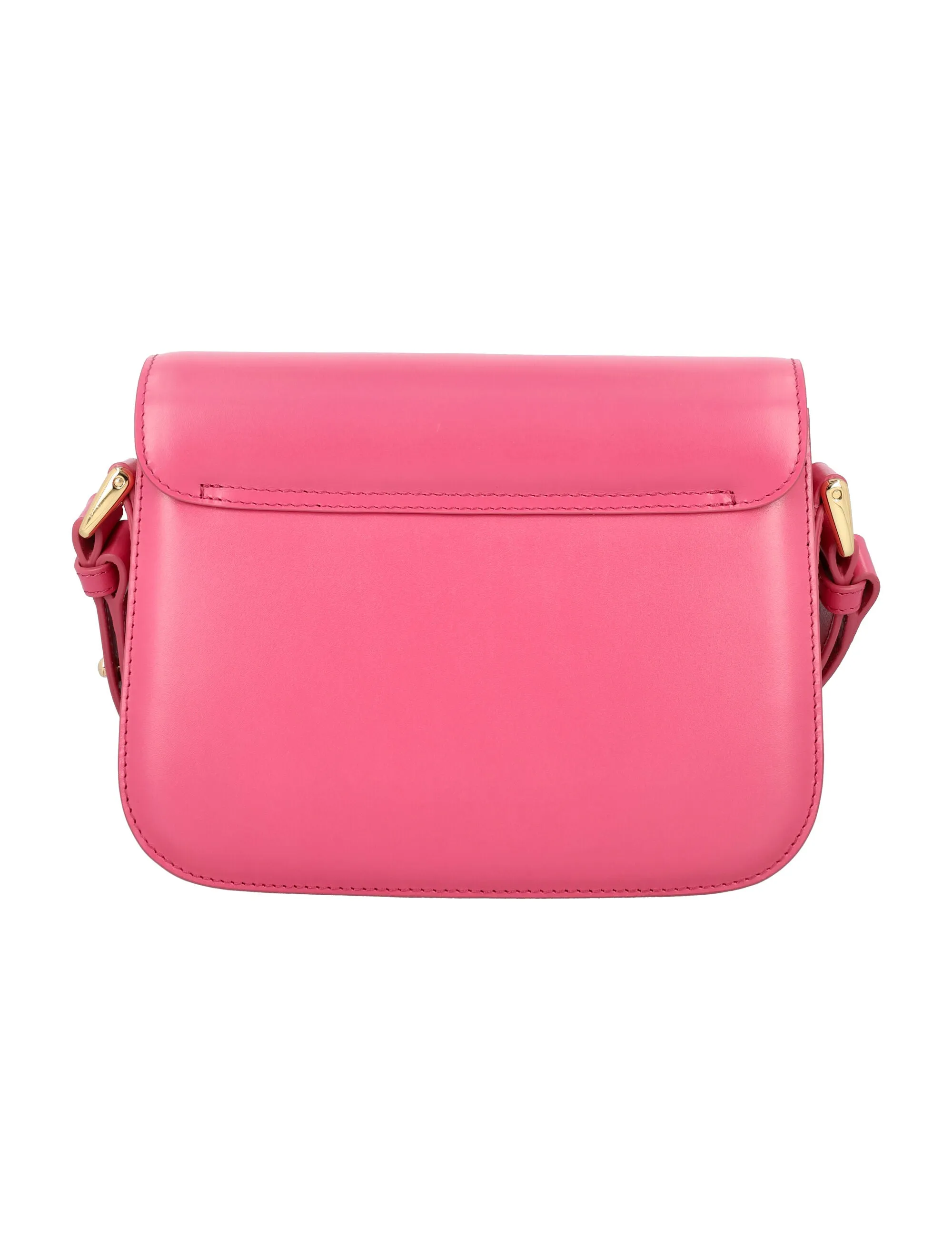 A.P.C. Elegant Fuchsia Rose Leather Mini Handbag with Goldtone Accents - Trapezoidal Crossbody with Foldover Clasp Closure