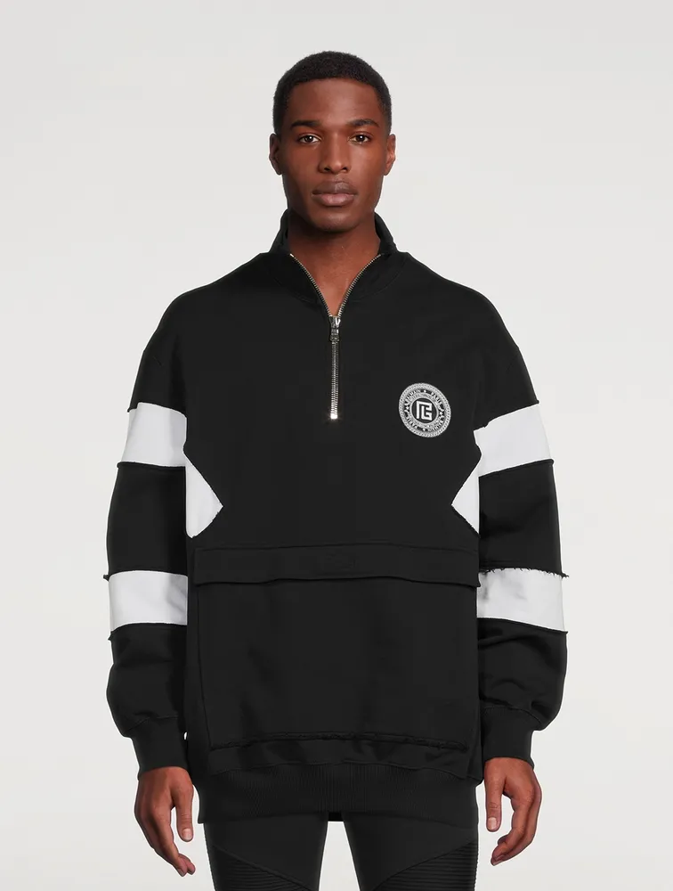 BALMAIN Quarter-Zip Pullover Sweatshirt With Badge