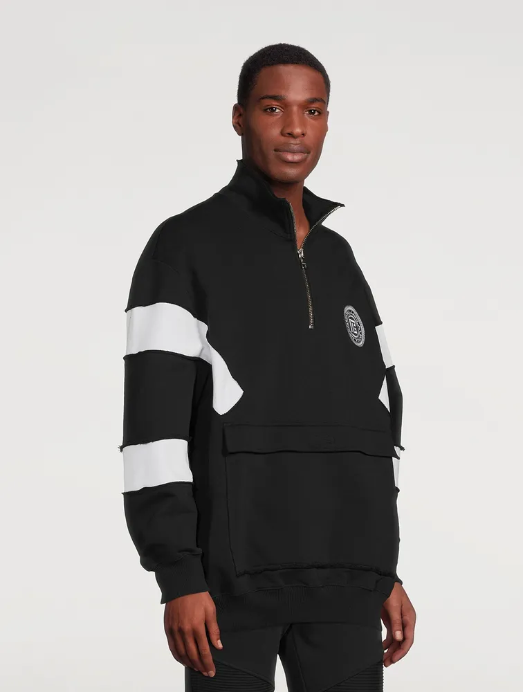 BALMAIN Quarter-Zip Pullover Sweatshirt With Badge