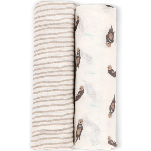 Bamboo Little Swaddle Blanket Set, Otter & Taupe Wave