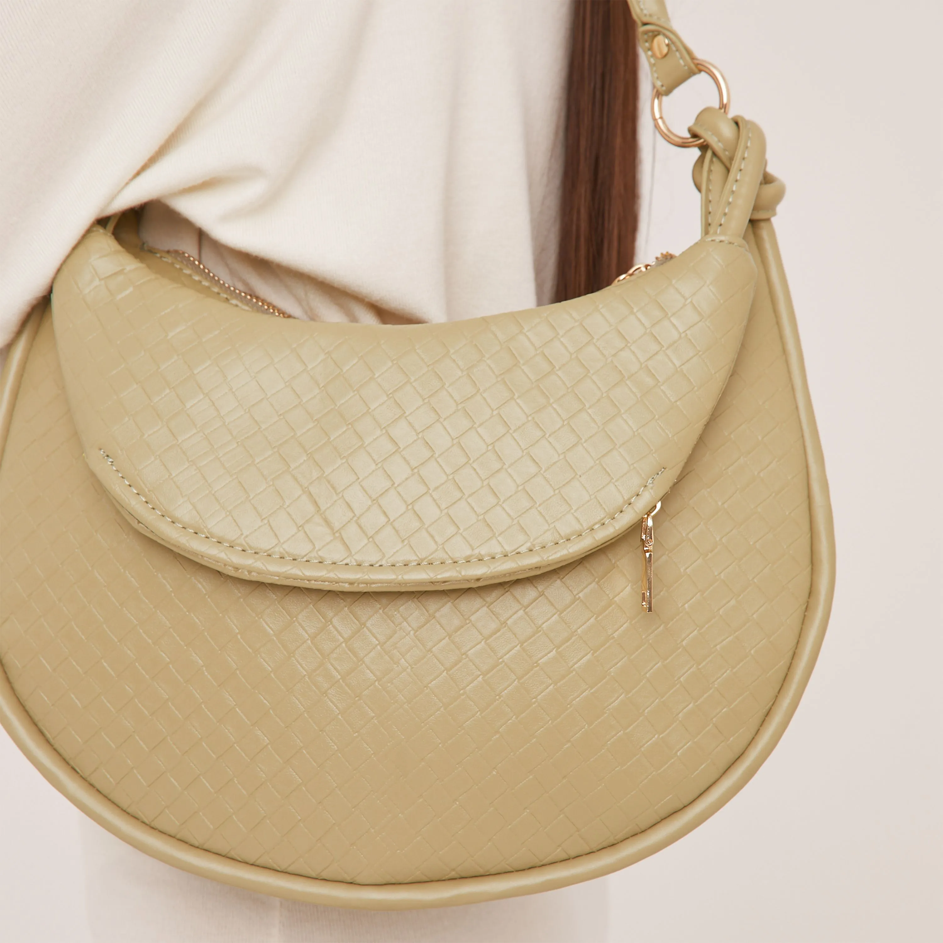 Bowie Woven Detail Knotted Strap Shaped Shoulder Bag In Sage Green Faux Leather