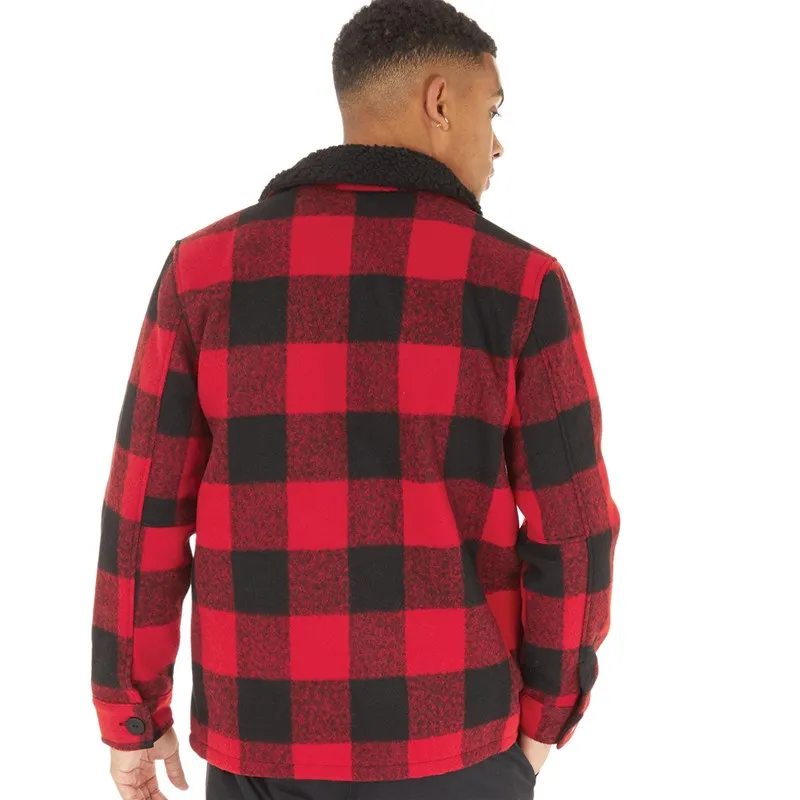 Brave Soul Mens Augustus Checked Sherpa Collar Jacket Black/Red