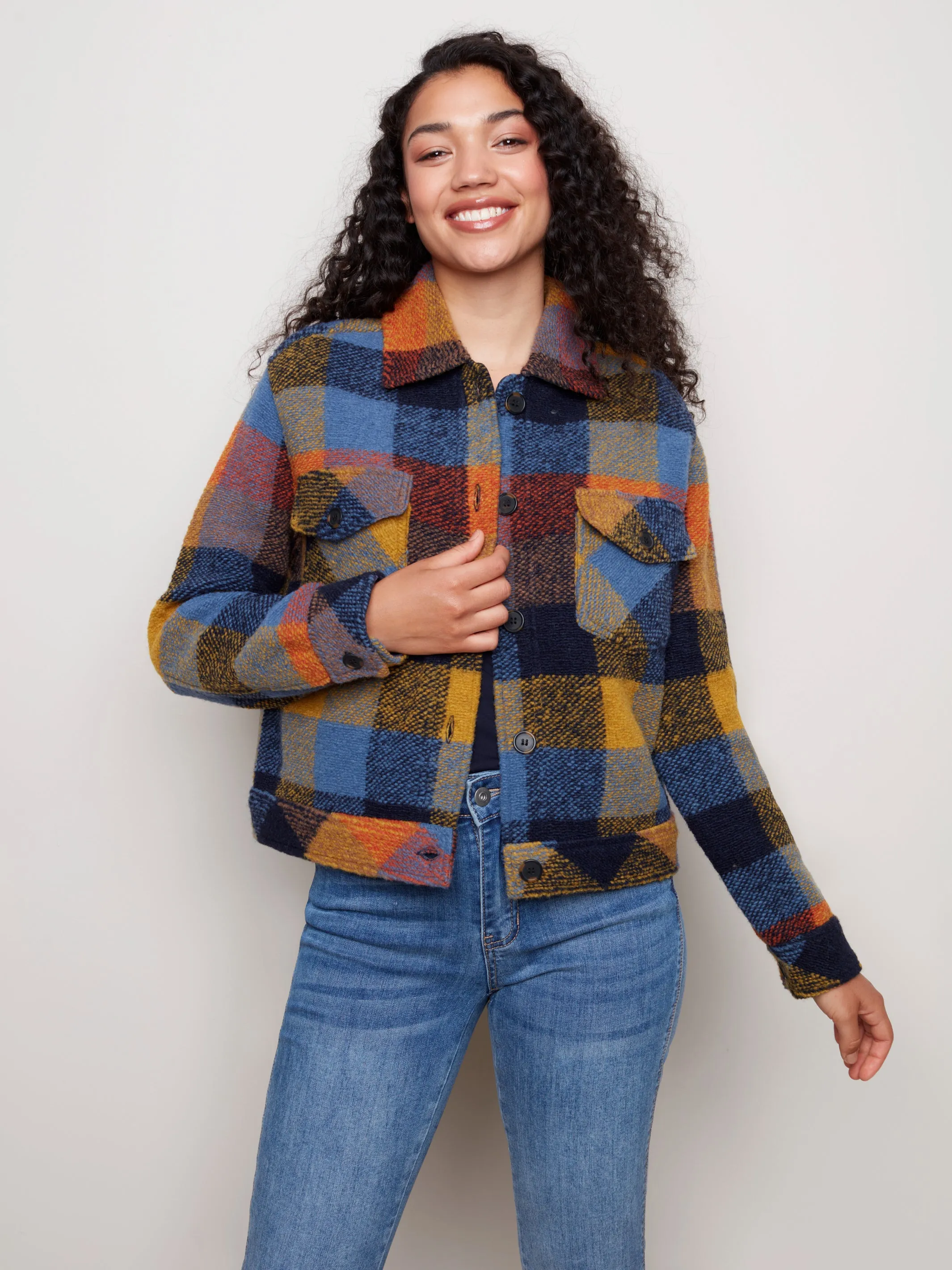 Charlie B Plaid Boiled Wool Short Jacket