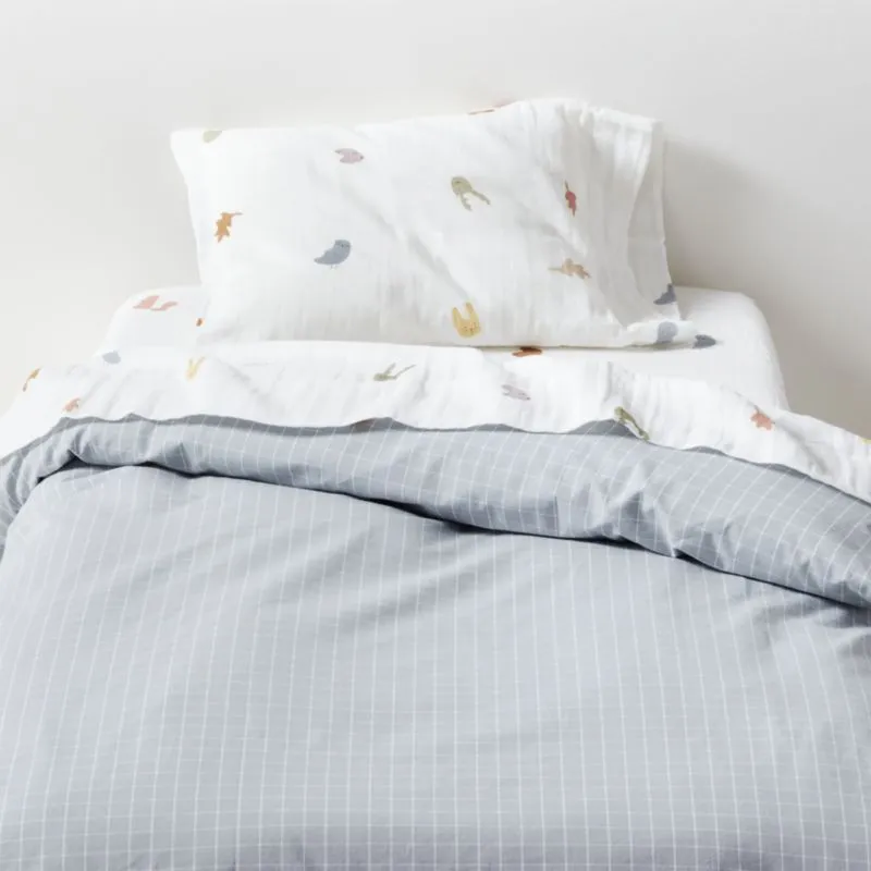 Crate&Barrel Stax Mini Grid Mist Blue Yarn-Dyed Organic Cotton Toddler Duvet Cover