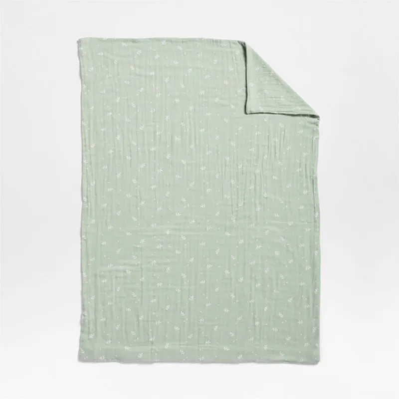 Crate&Barrel Supersoft Muted Teal Leaf Print Organic Cotton Gauze Toddler Duvet Cover