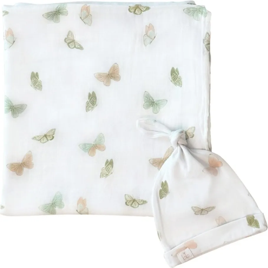 Dear Perli Bamboo Muslin Swaddle Blanket & Topknot Set, Butterflies