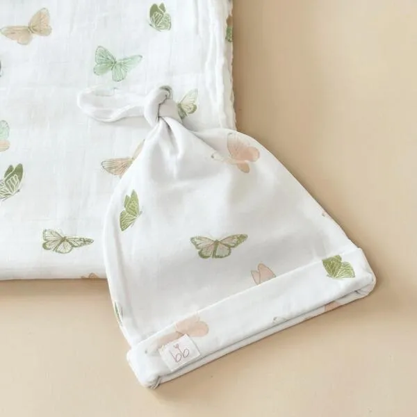 Dear Perli Bamboo Muslin Swaddle Blanket & Topknot Set, Butterflies