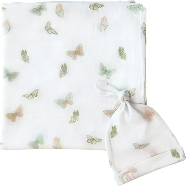 Dear Perli Bamboo Muslin Swaddle Blanket & Topknot Set, Butterflies