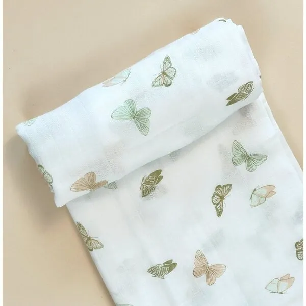 Dear Perli Bamboo Muslin Swaddle Blanket & Topknot Set, Butterflies