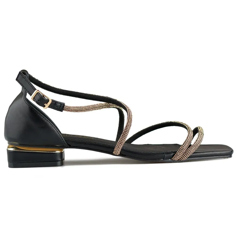 Elegant women's low-heeled sandals with cubic zirconia black