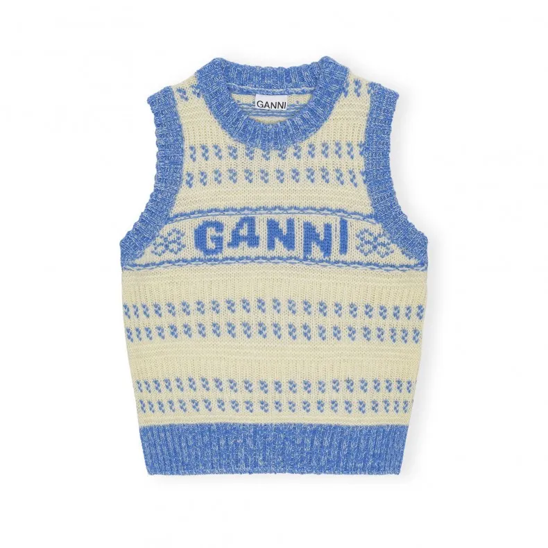 GANNI Graphic Lambswool O-Neck Vest (Strong Blue)