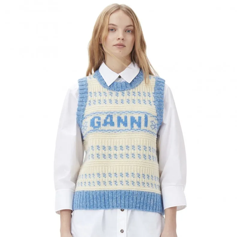 GANNI Graphic Lambswool O-Neck Vest (Strong Blue)