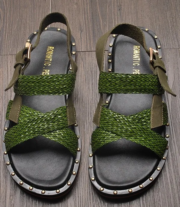 Green Straw Knitted Metal Studs Cross Straps Mens Gladiator Roman Sandals