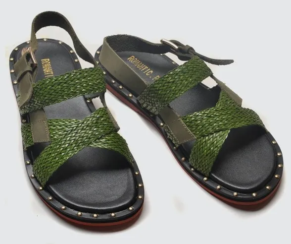 Green Straw Knitted Metal Studs Cross Straps Mens Gladiator Roman Sandals