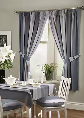 Home Curtains Seville Stripe Pencil Pleat Lined Kitchen Curtains with Tiebacks | Kaleidoscope