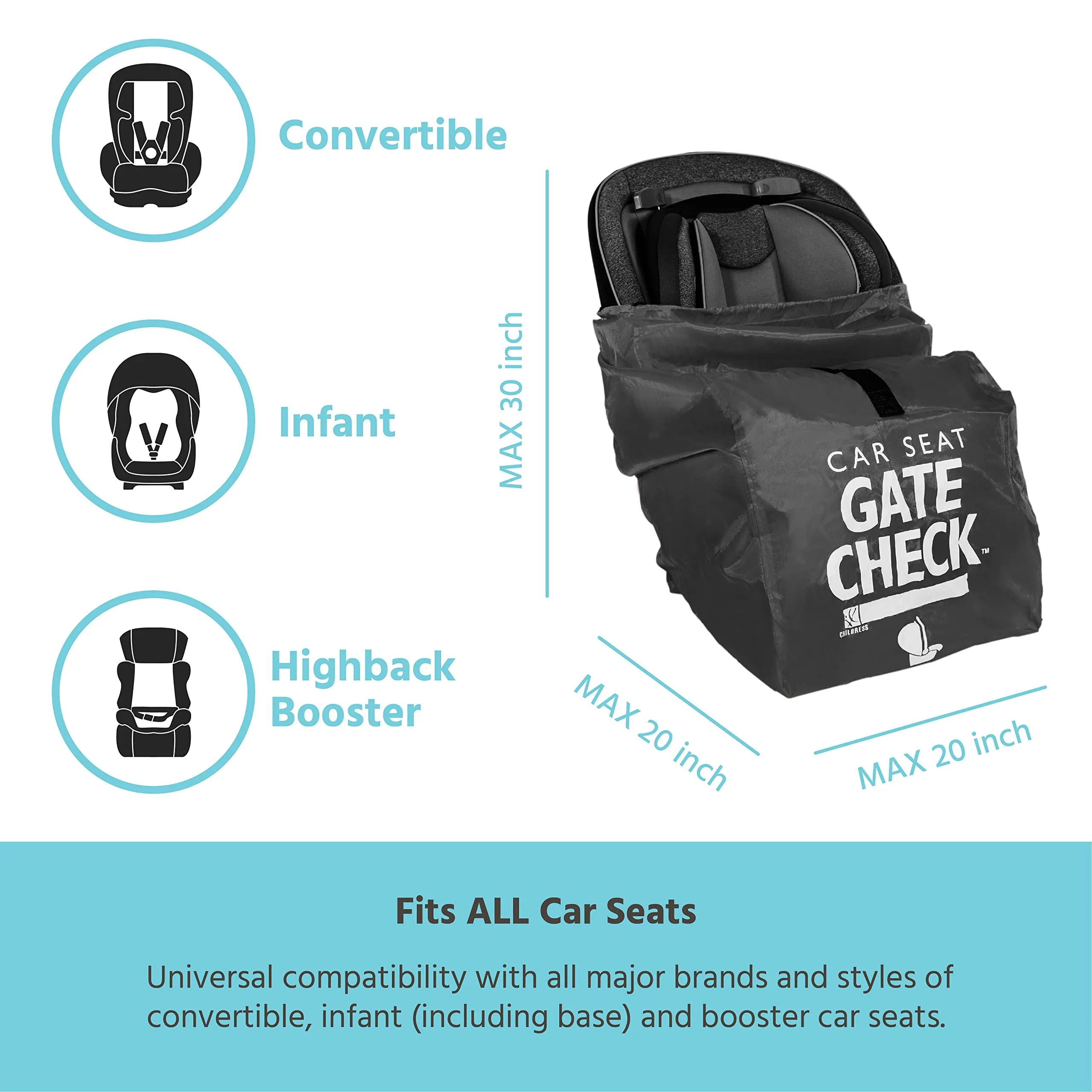 J.L Childress Gate Check Bag for Car Seats - Air Travel Bag - Fits Convertible Car Seats, Infant carriers & Booster Seats