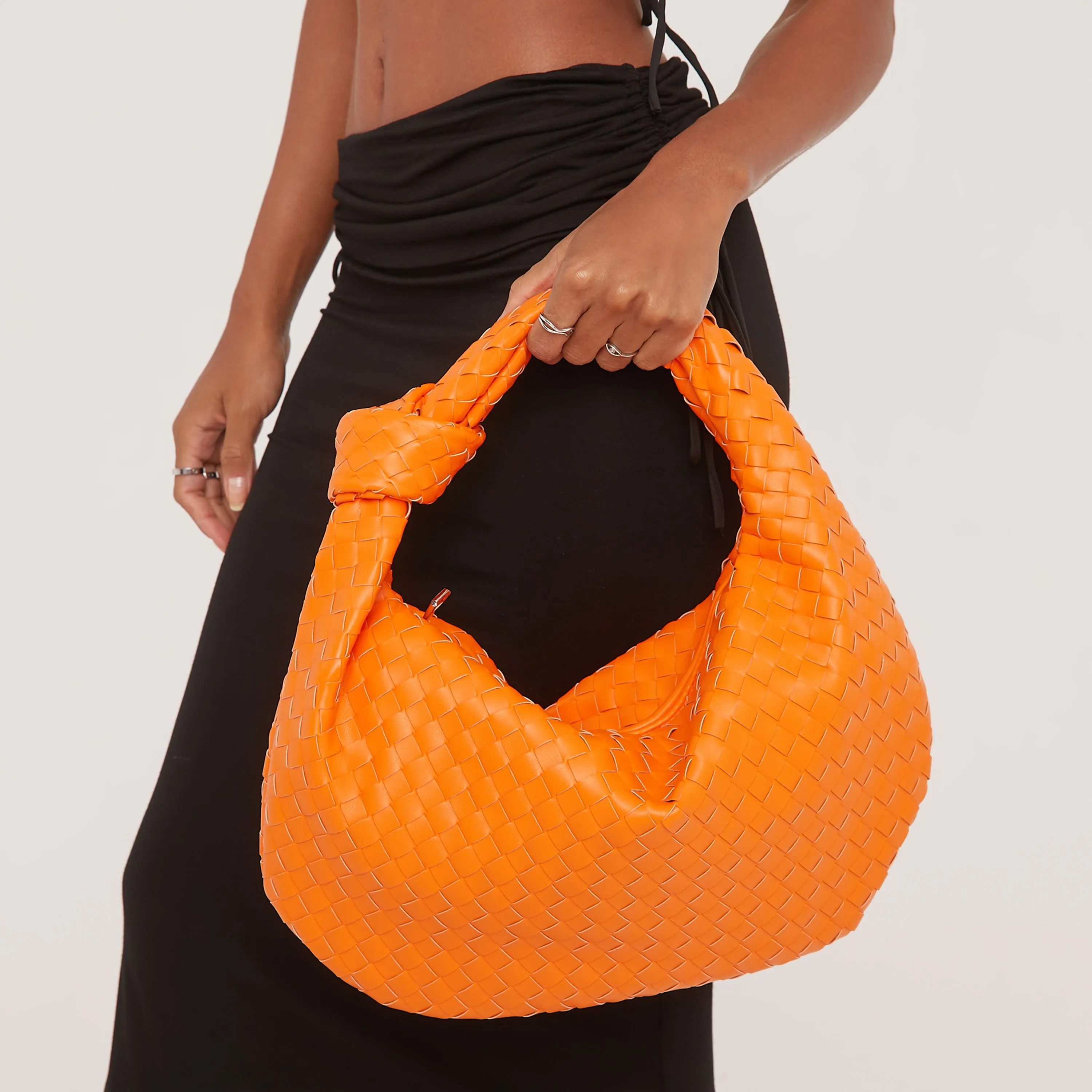 Loreen Woven Knotted Strap Detail Oversized Shoulder Bag In Orange Faux Leather