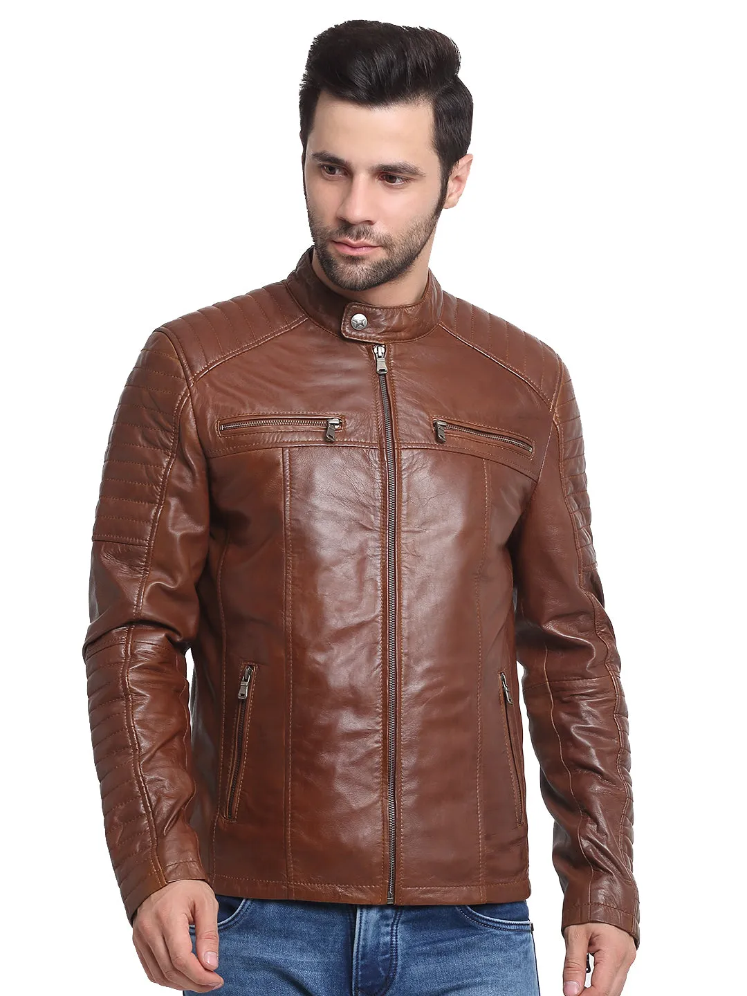 Men Brown Striped Leather Jacket