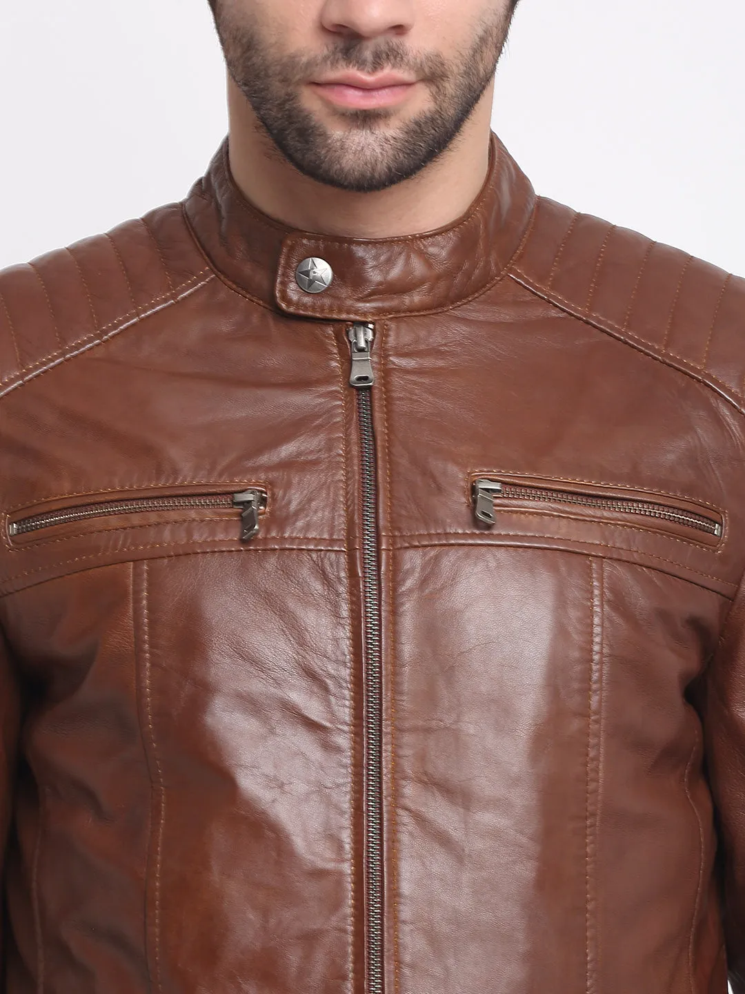 Men Brown Striped Leather Jacket