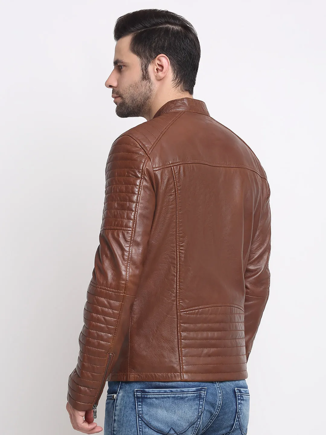 Men Brown Striped Leather Jacket