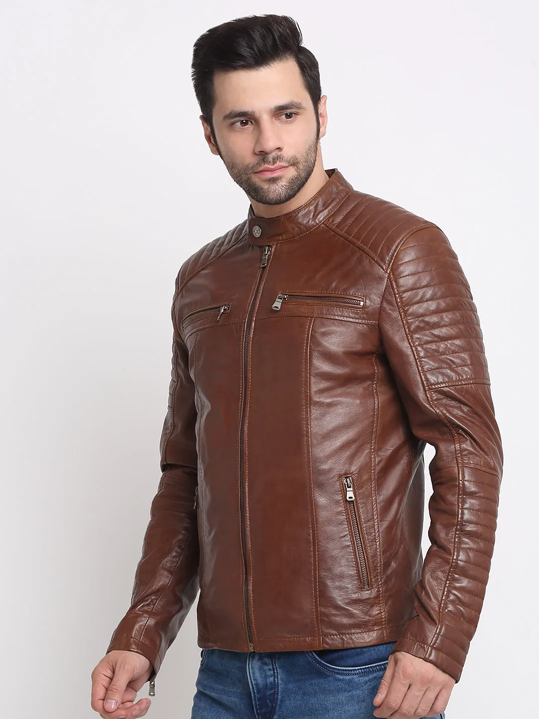 Men Brown Striped Leather Jacket