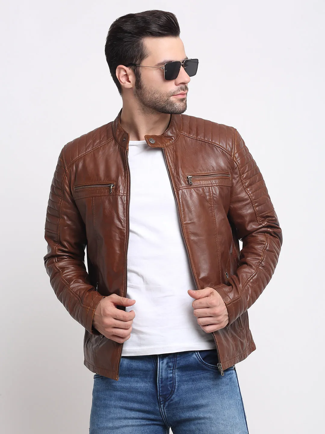 Men Brown Striped Leather Jacket