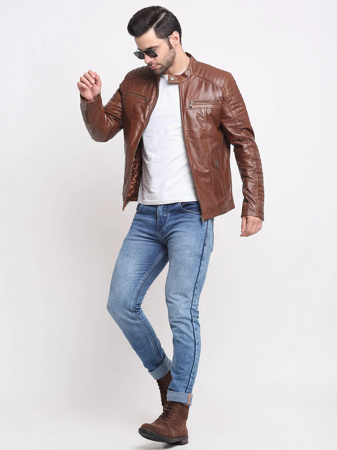 Men Brown Striped Leather Jacket