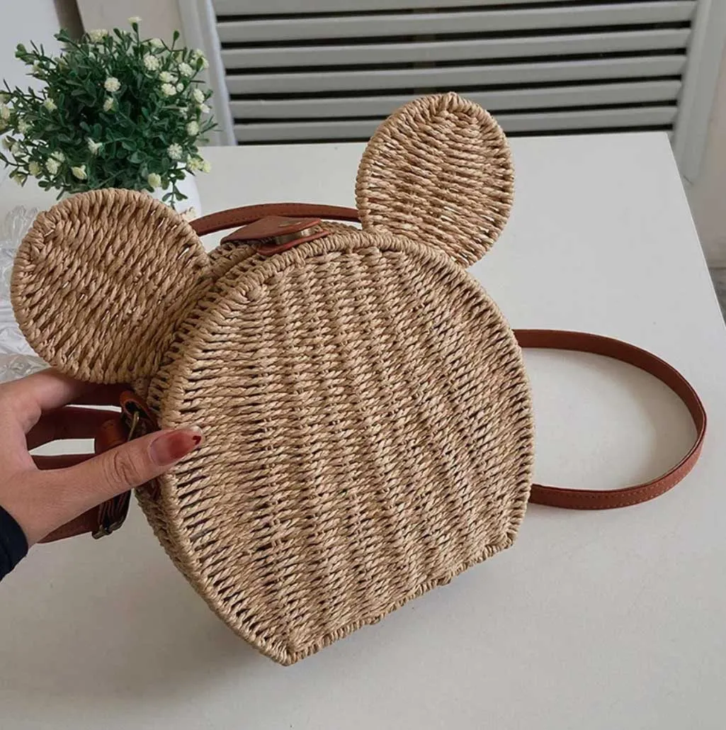 Mickey Rattan Travel Leisure Vacation Small Round Beach Mickey Shoulder Bag