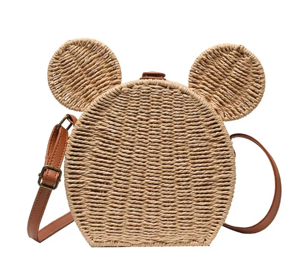 Mickey Rattan Travel Leisure Vacation Small Round Beach Mickey Shoulder Bag