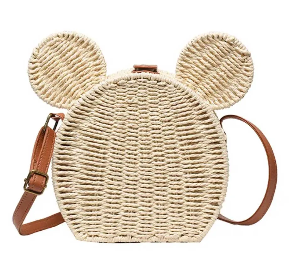 Mickey Rattan Travel Leisure Vacation Small Round Beach Mickey Shoulder Bag