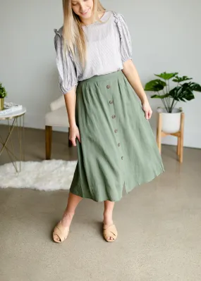 Olive Button Front Midi Skirt