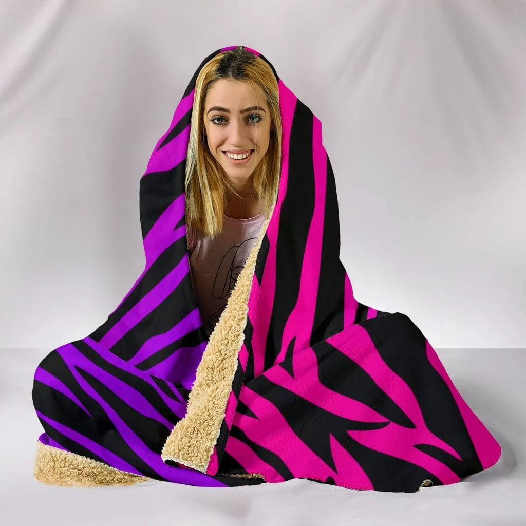 Pink Zebra Plush Lined Wearable Hooded Blanket