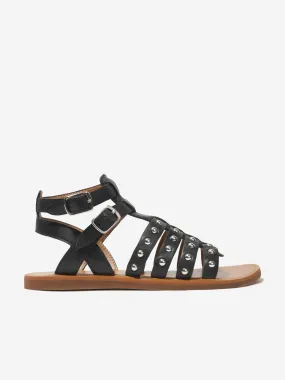 Pom D'Api Girls Leather Plagette Stud Sandals in Black