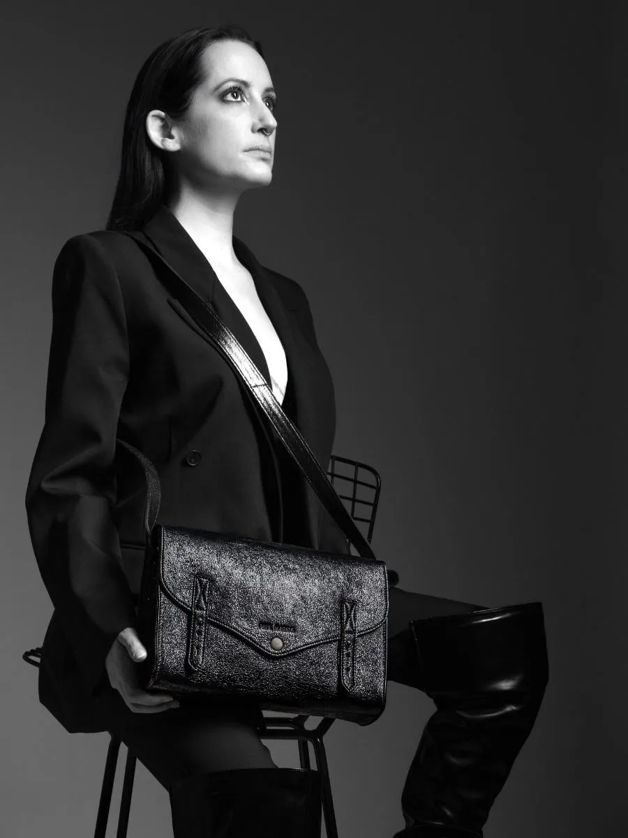 Shimmering Black Leather Shoulder Bag for Women - L'Indispensable Eclipse | PAUL MARIUS