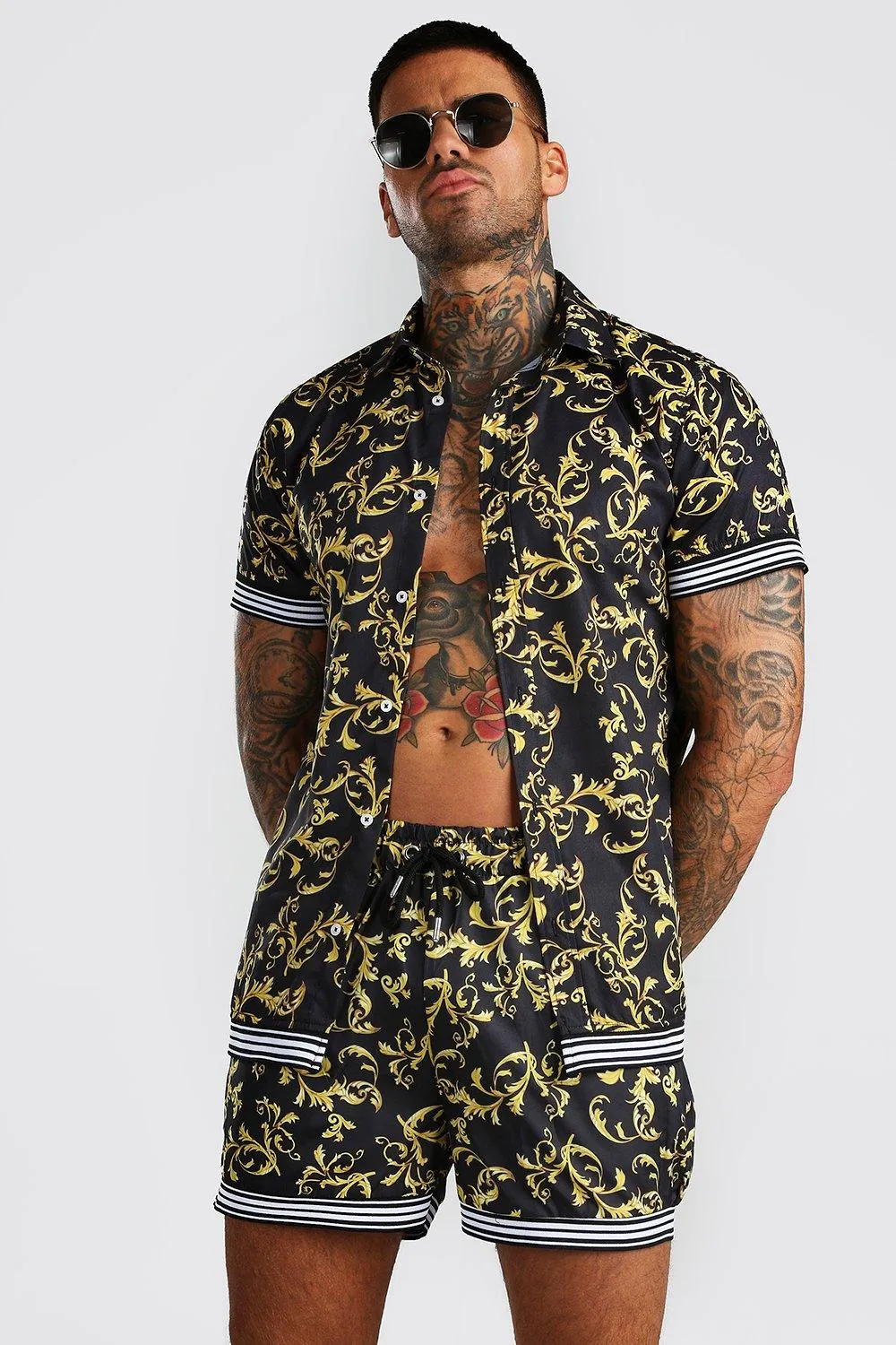 Short Sleeve Shirt & Swim Short Set In Baroque | boohooMAN UK