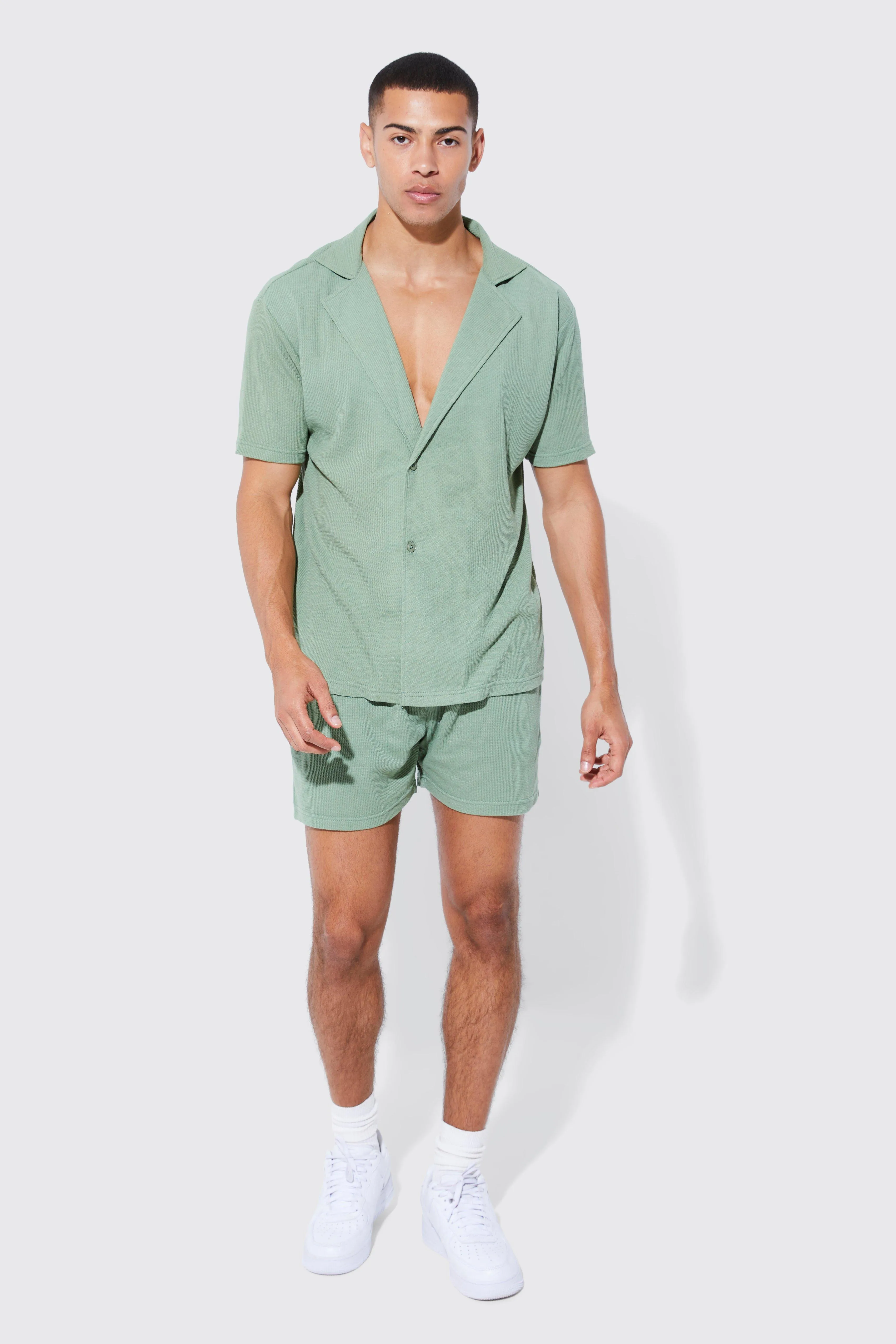 Short Sleeve Wrap Waffle Shirt And Short Set | boohooMAN UK