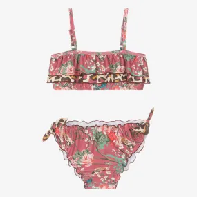 Teen Girls Pink Floral Frilly Bikini (UPF50+)