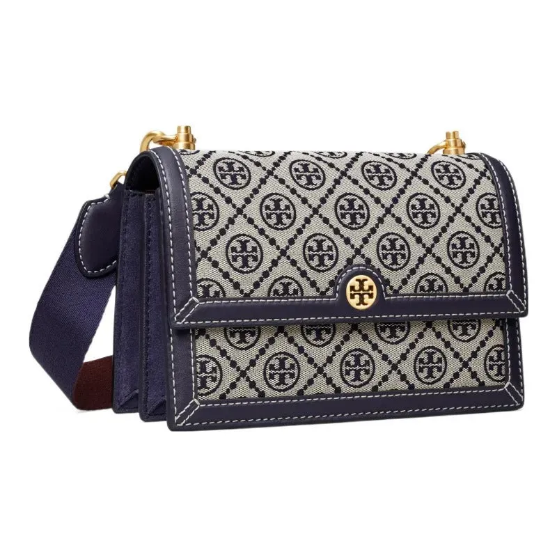     Tory Burch   Double T Logo Monogram Full Print Fabric And Leather Shoulder Bag