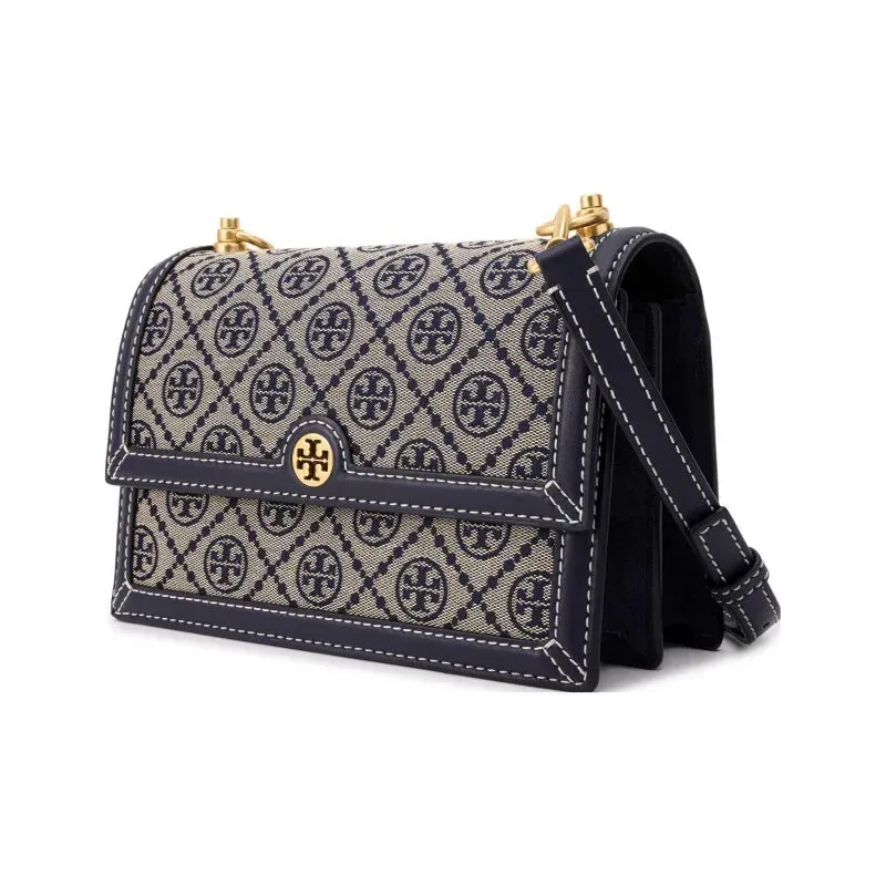     Tory Burch   Double T Logo Monogram Full Print Fabric And Leather Shoulder Bag