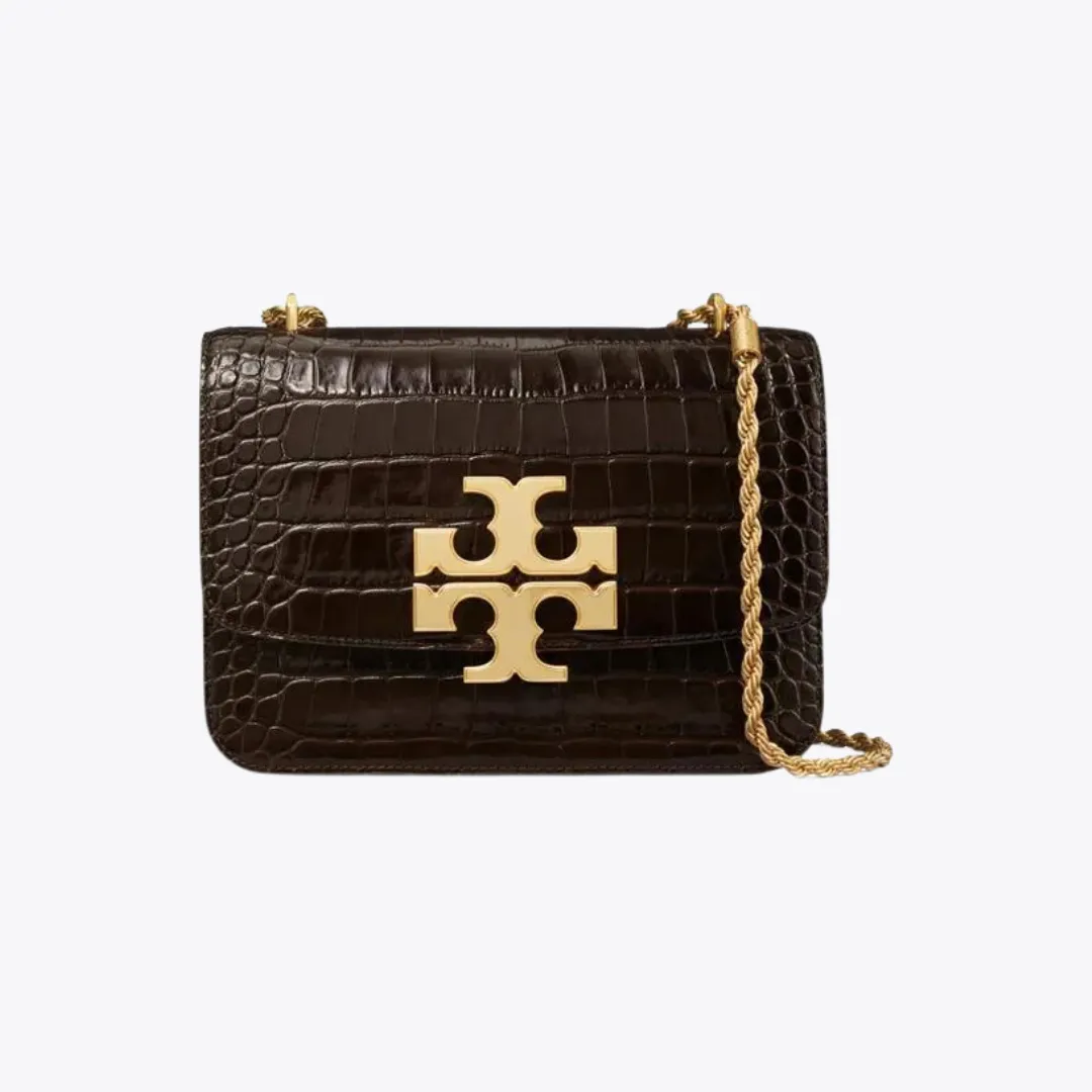 Tory Burch Large Eleanor Croc-Embossed leather Convertible Shoulder Bag in Dark Mahagony