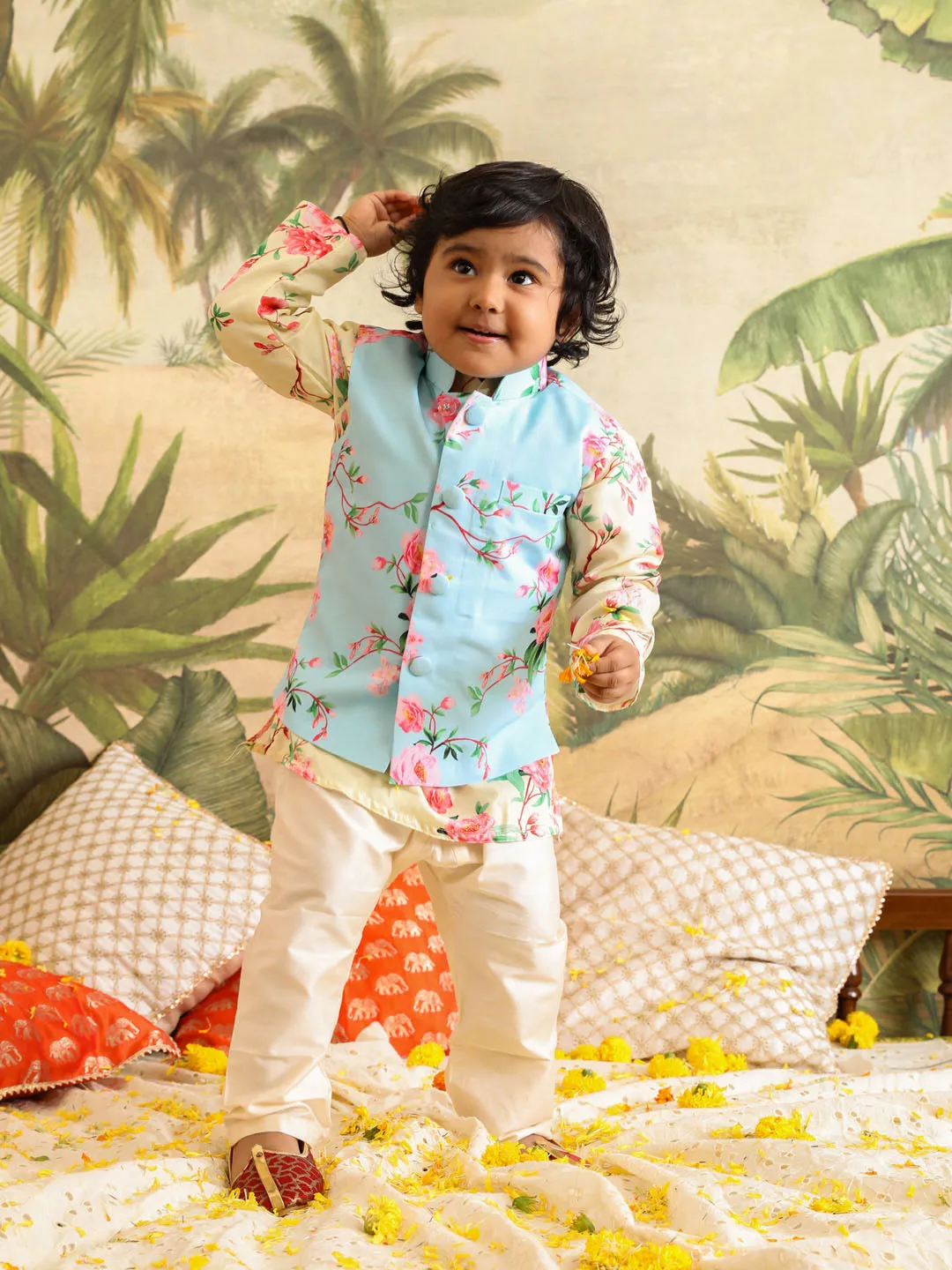 VASTRAMAY Boys' Jacket With Yellow Floral Printed Cotton Kurta Pyjama Set