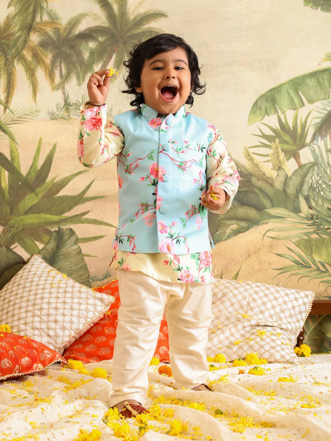 VASTRAMAY Boys' Jacket With Yellow Floral Printed Cotton Kurta Pyjama Set