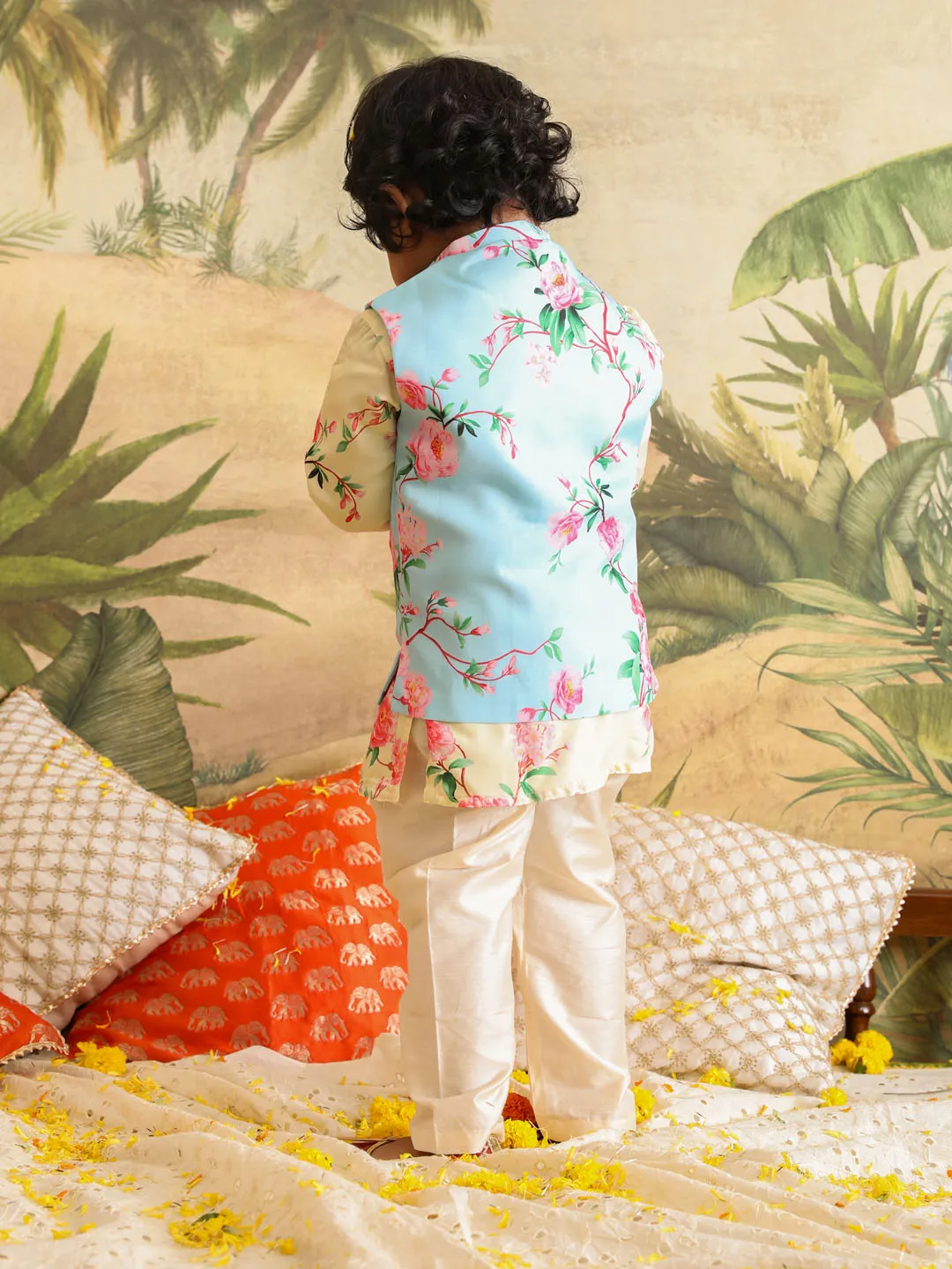 VASTRAMAY Boys' Jacket With Yellow Floral Printed Cotton Kurta Pyjama Set