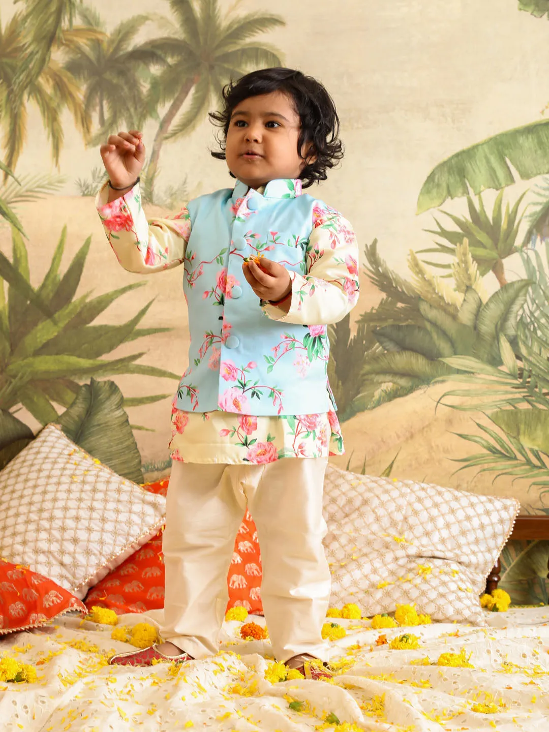 VASTRAMAY Boys' Jacket With Yellow Floral Printed Cotton Kurta Pyjama Set