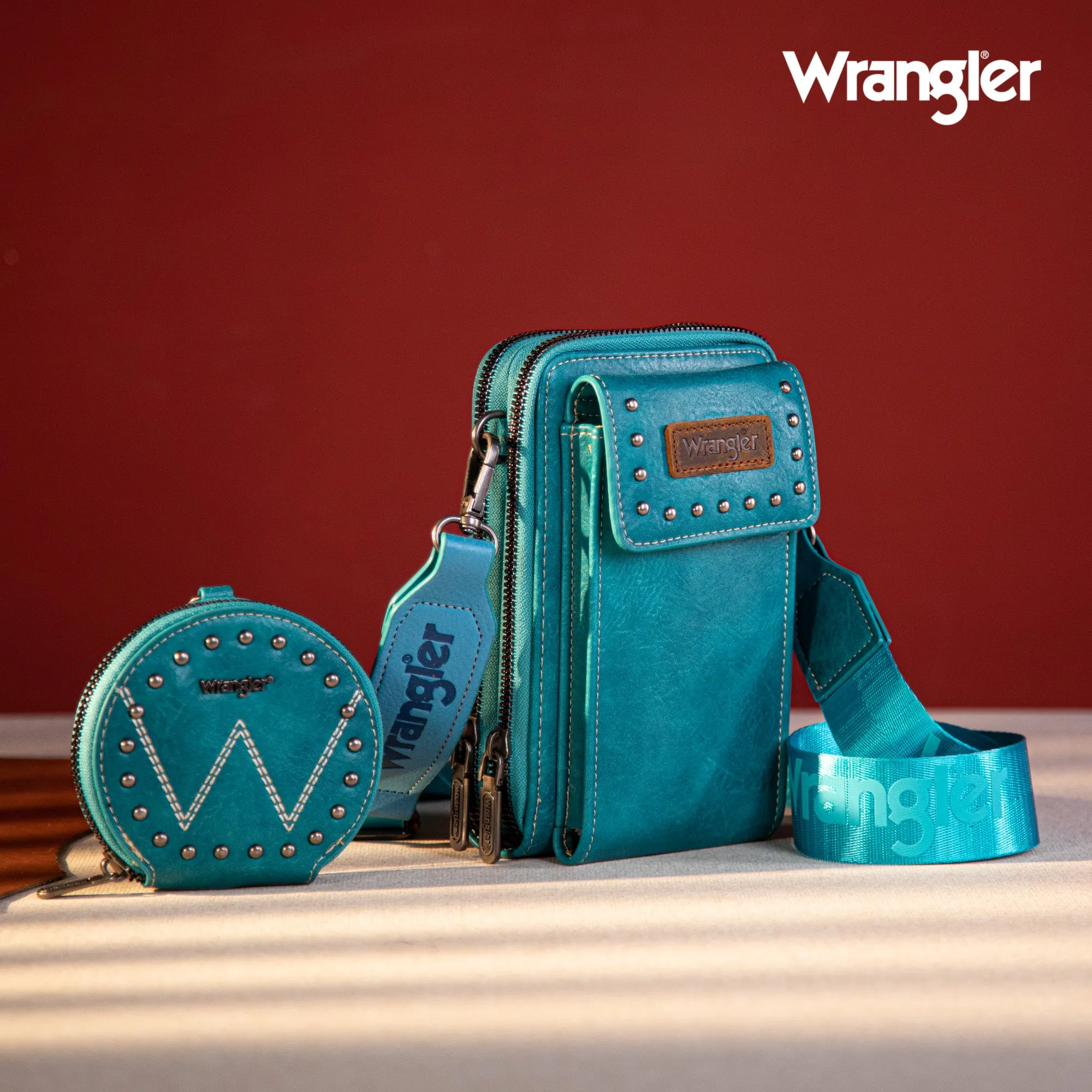 WG48S-270 Wrangler Crossbody Cell Phone Purse 2 Zippered Compartment with Coin Pouch - Turquoise