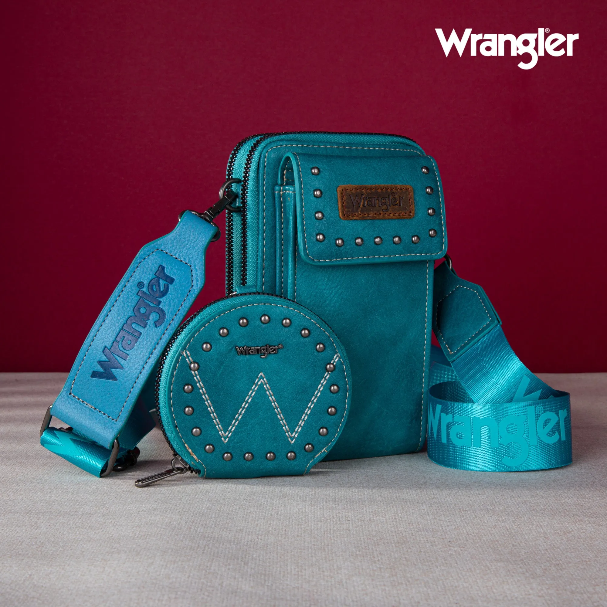 WG48S-270 Wrangler Crossbody Cell Phone Purse 2 Zippered Compartment with Coin Pouch - Turquoise