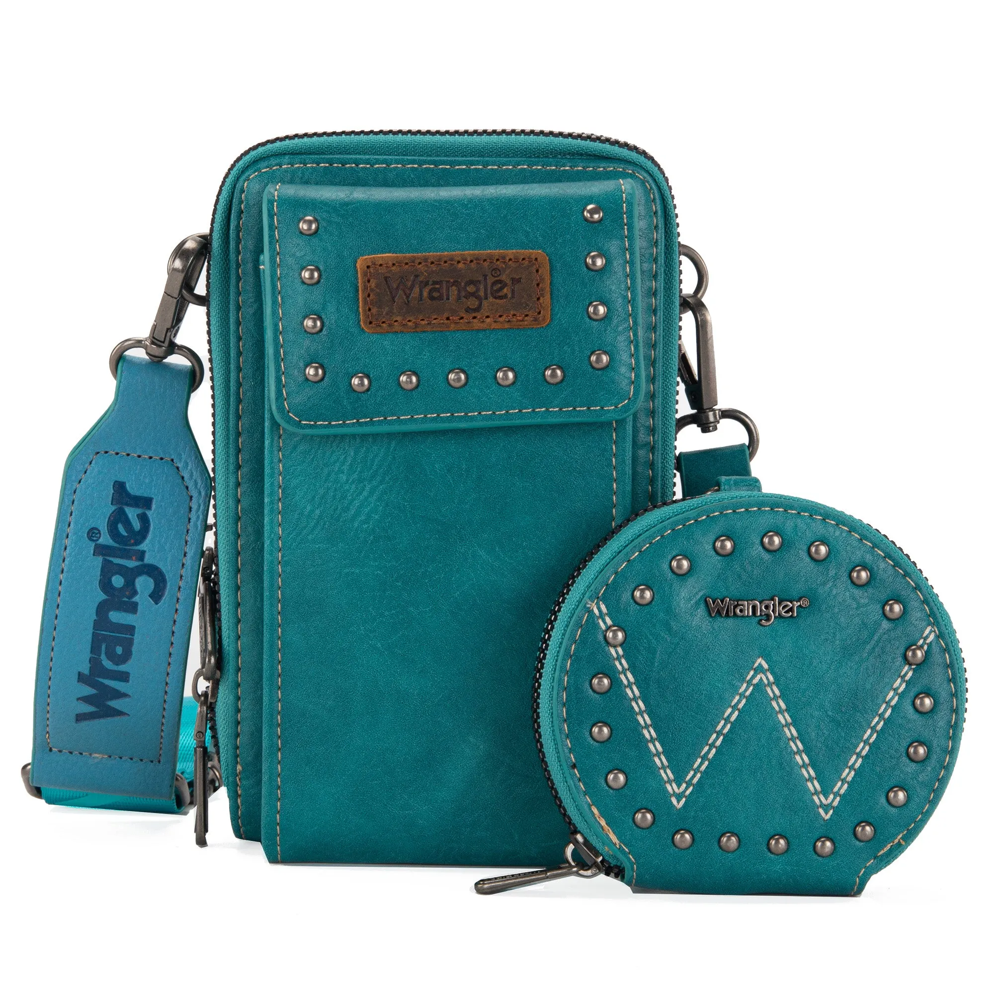 WG48S-270 Wrangler Crossbody Cell Phone Purse 2 Zippered Compartment with Coin Pouch - Turquoise