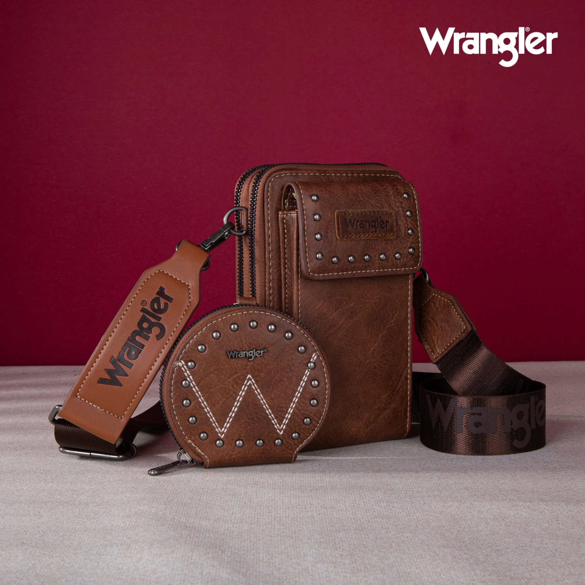 WG48S-270 Wrangler Crossbody Cell Phone Purse 2 Zippered Compartment with Coin Pouch -Dark Brown